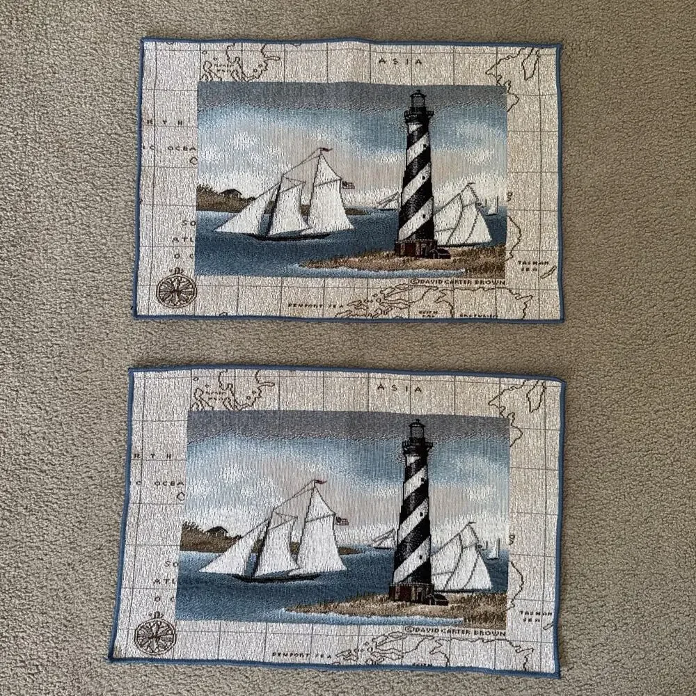 Pair Nautical Lighthouse Sailboat Woven Tapestry Placemats Coastal 18x12 Vtg